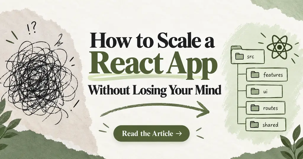 A tangle of black scribbles on the left, an arrow curving toward a tidy src folder tree of features, ui, routes and shared on the right, and a Read the Article button below the title